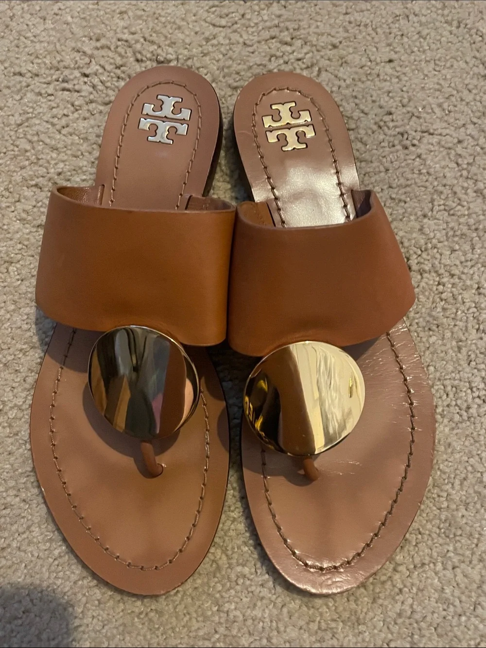 Tory Burch Brown Leather Slide Sandals with Gold Medallions
